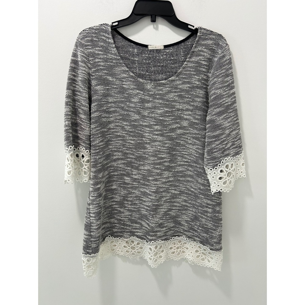 Lime & Chili Women Black White Marled Knit Eyelet Lace Trim Tunic Top Large